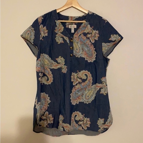 NWT Denim & Co. Printed Denim Notch Collar Cap Sleeve Tunic - Picture 3 of 3